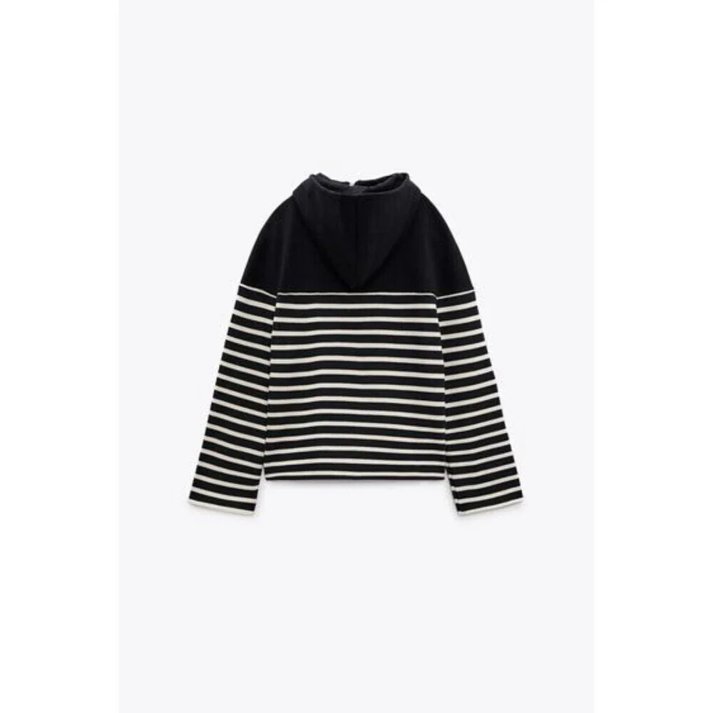 Navy Blue White Striped Zara Half Zip Long Sleeve Hoodie Sweatshirt (NWT) - Picture 8 of 9